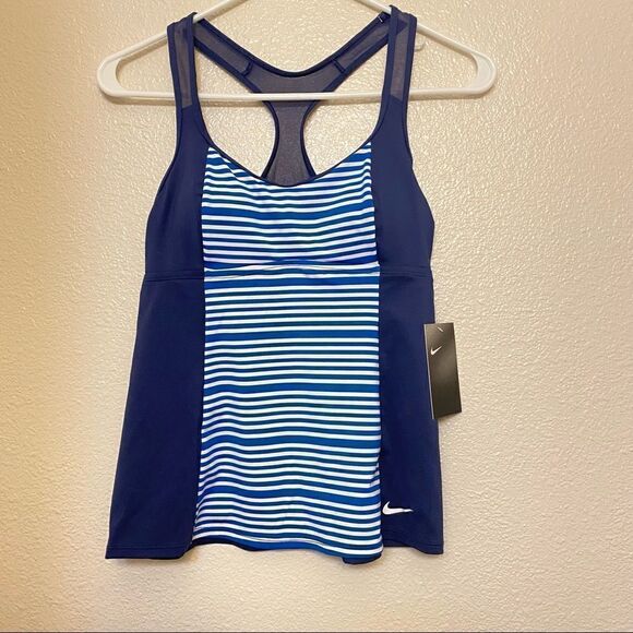 Nike Striped navy blue Racerback Tankini swim athletic Top-S - Picture 3 of 10